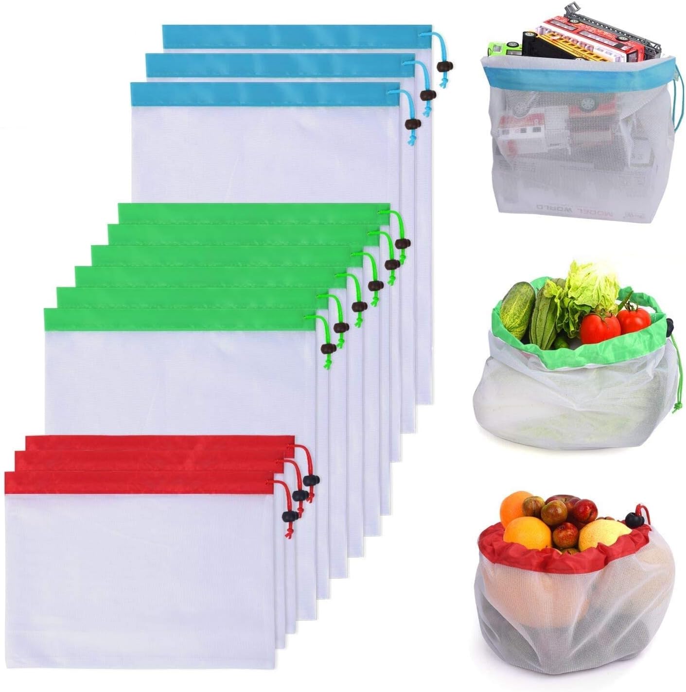 Premium Reusable Produce Mesh Bags, 12 Pack Washable Eco Friendly grocery bags with Drawstring For Shopping Storage, Fruit, Vegetable, and Toys