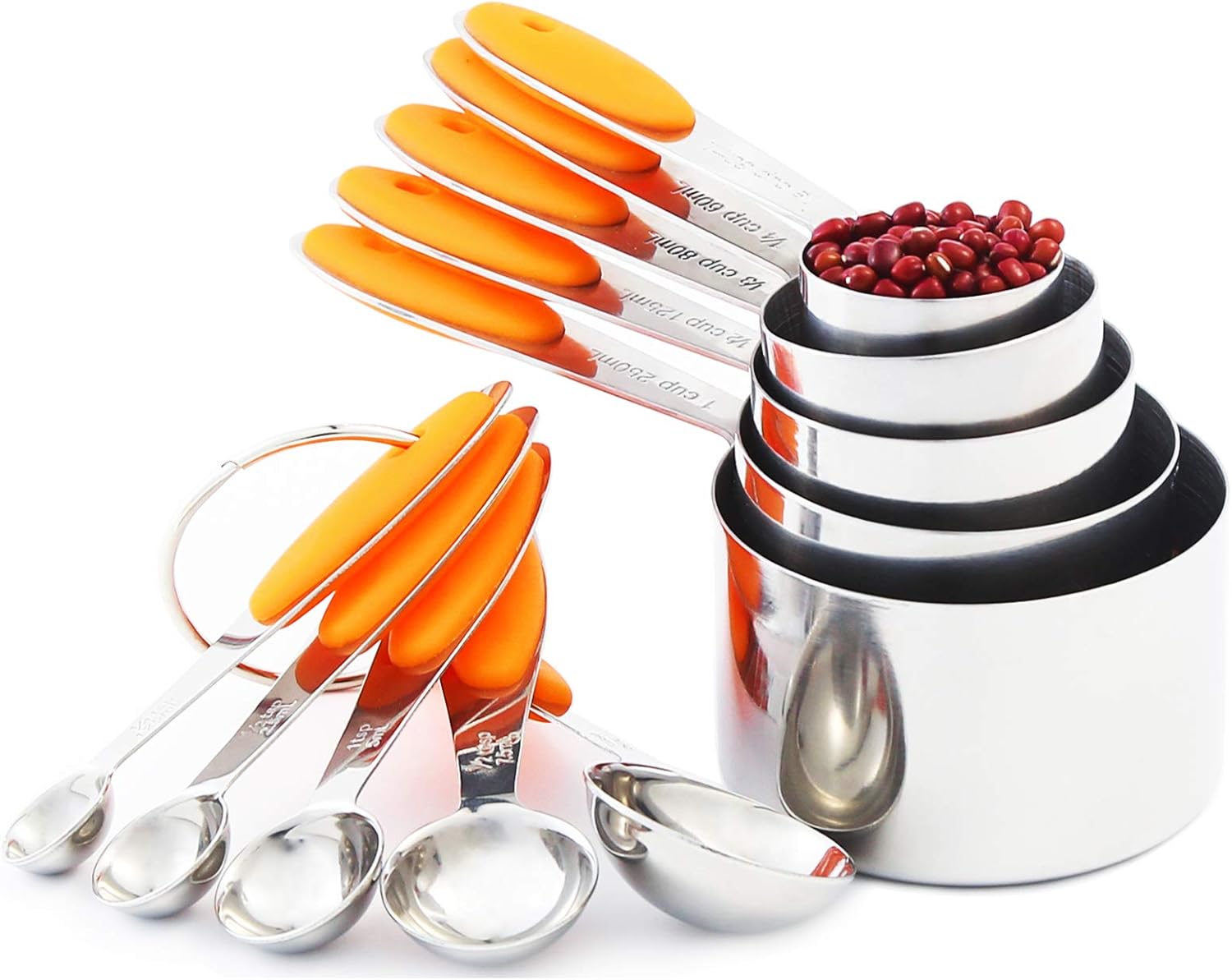 VOJACO 10 Piece Measuring Cups and Spoons Set, Stainless Steel Measuring Cups and Spoons with Silicone Handle, Metal Kitchen Tools and Gadgets for Cooking, Baking, Dry, Wet Food Measurement (Orange)