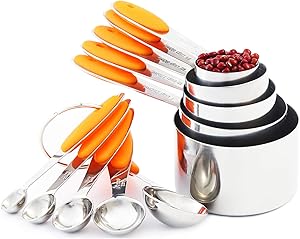 VOJACO 10 Piece Measuring Cups and Spoons Set, Stainless Steel Measuring Cups and Spoons with Silicone Handle, Metal Kitchen Tools and Gadgets for Cooking, Baking, Dry, Wet Food Measurement (Orange)