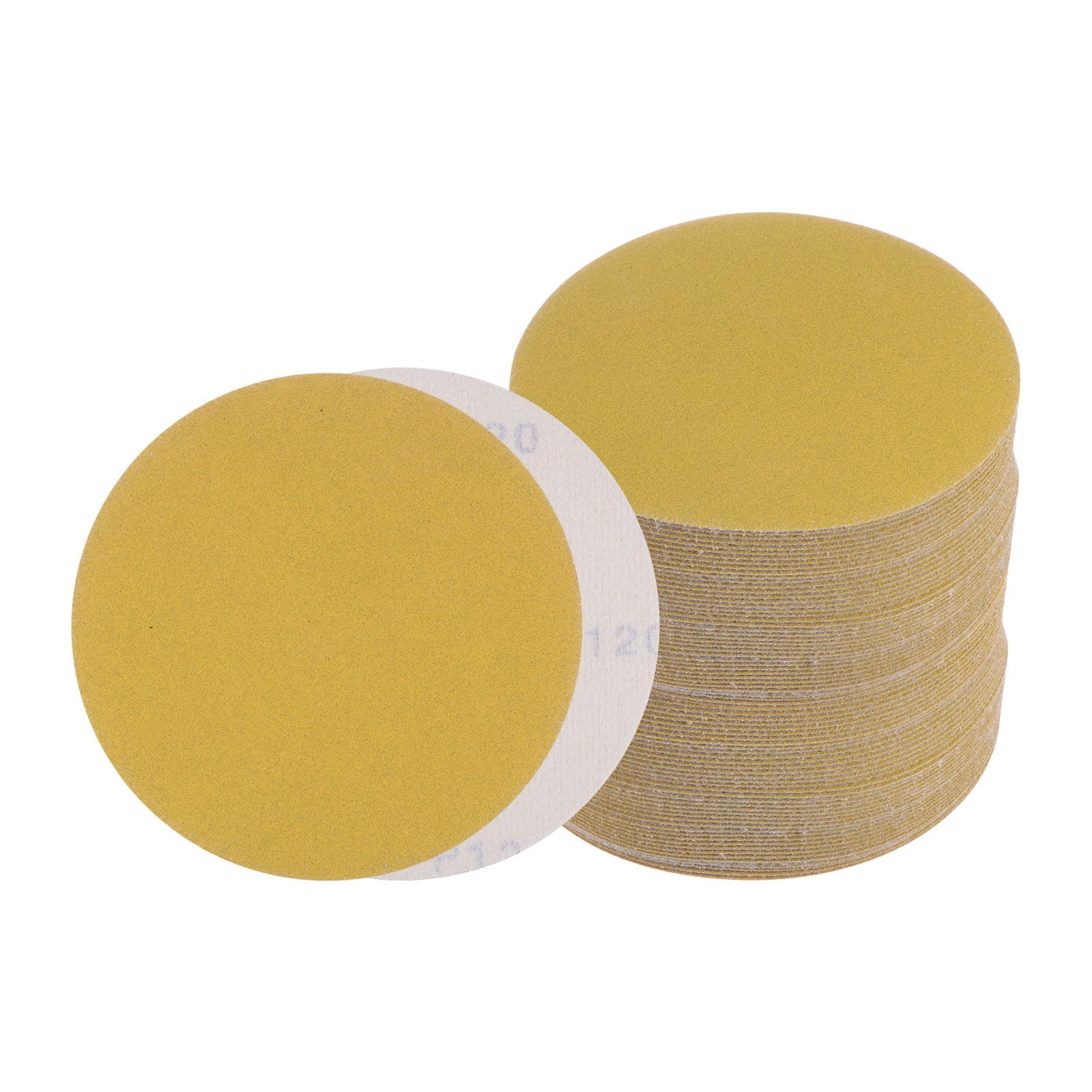 Kozelo 100pcs No Hole Sanding Discs- [ 6 Inch 120 Grit ] Round Hook and Loop Grip Sanding Pads Sheet Sandpaper for Automotive Woodworking Metal Polishing Use| Gold, Aluminum Oxide
