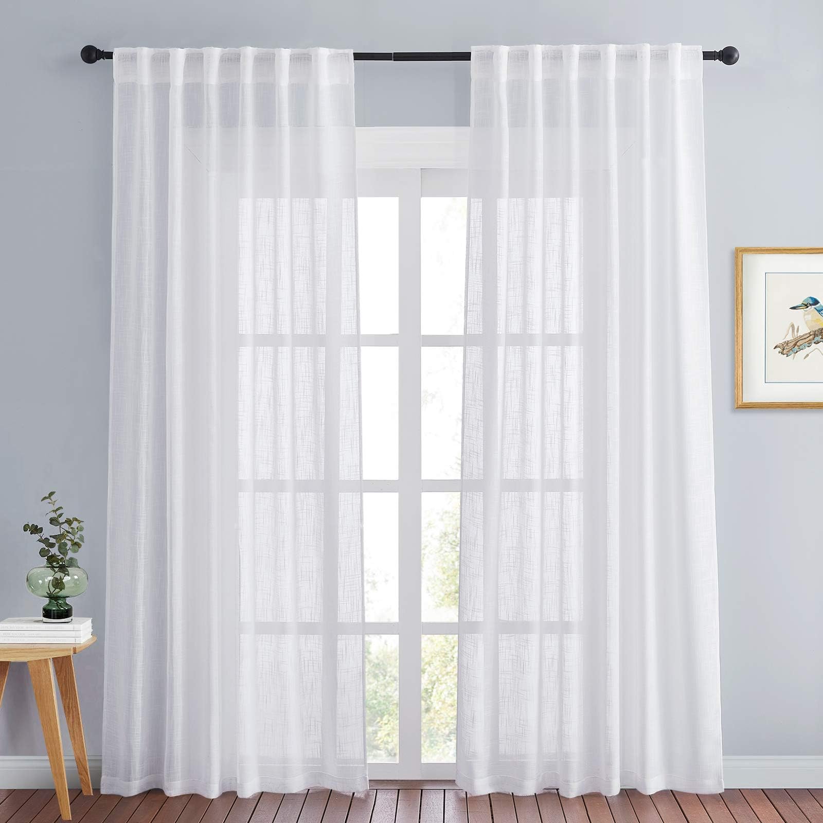 PONY DANCEWhite Sheer Curtains 95 inches Long - Flax Linen Semi Sheer Vintage Light Drapes for Sliding Door Patio Dining Room Bay Window Country Farmhouse 8FT, W52 x L95, Set of 2