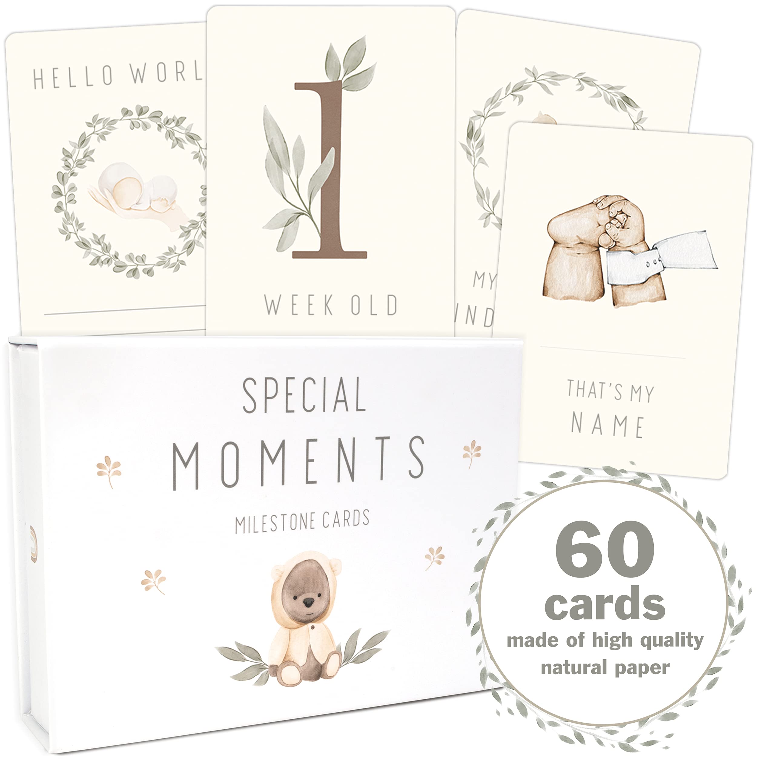 OLGS Baby Milestone Cards Monthly Set of 60 Cards Teddy Lou for Boy and Girl Baby Cards Gender Neutral Baby Milestones + Magnetic Box Baby Shower Gifts Cards for Special Moments