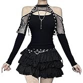 Allpunkall Punk Rock Top T Shirt Women Goth Fishnet Mesh Mock Neck Long Sleeve Cold Shoulder