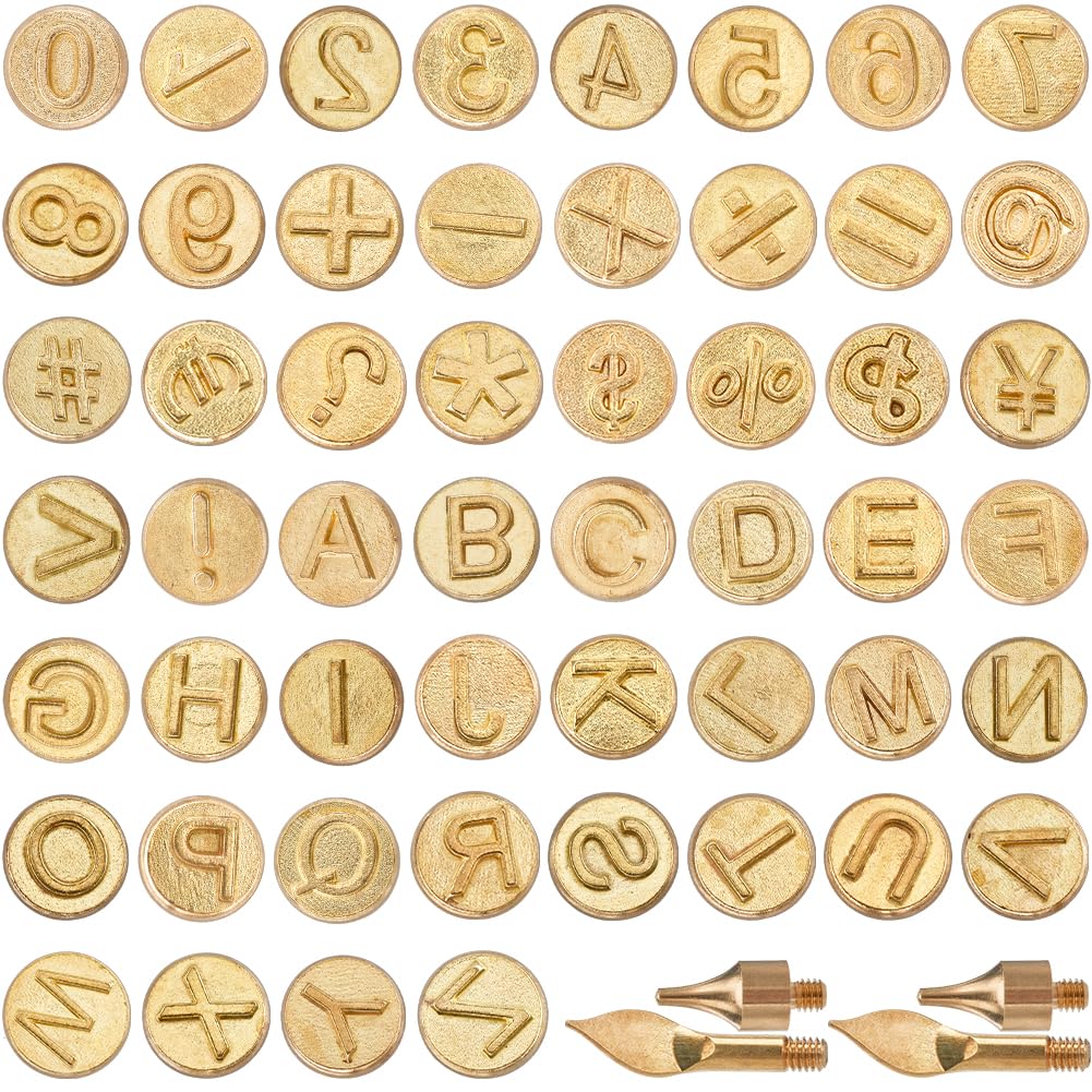 GORGECRAFT 52Pcs Wood Burning Tip Letter Golden Brass Copper Kit Alphabet Number Symbol Soldering Stencil Leather Burner Pyrography Tool Template Set for Wood Burning DIY Embossing Carving Craft