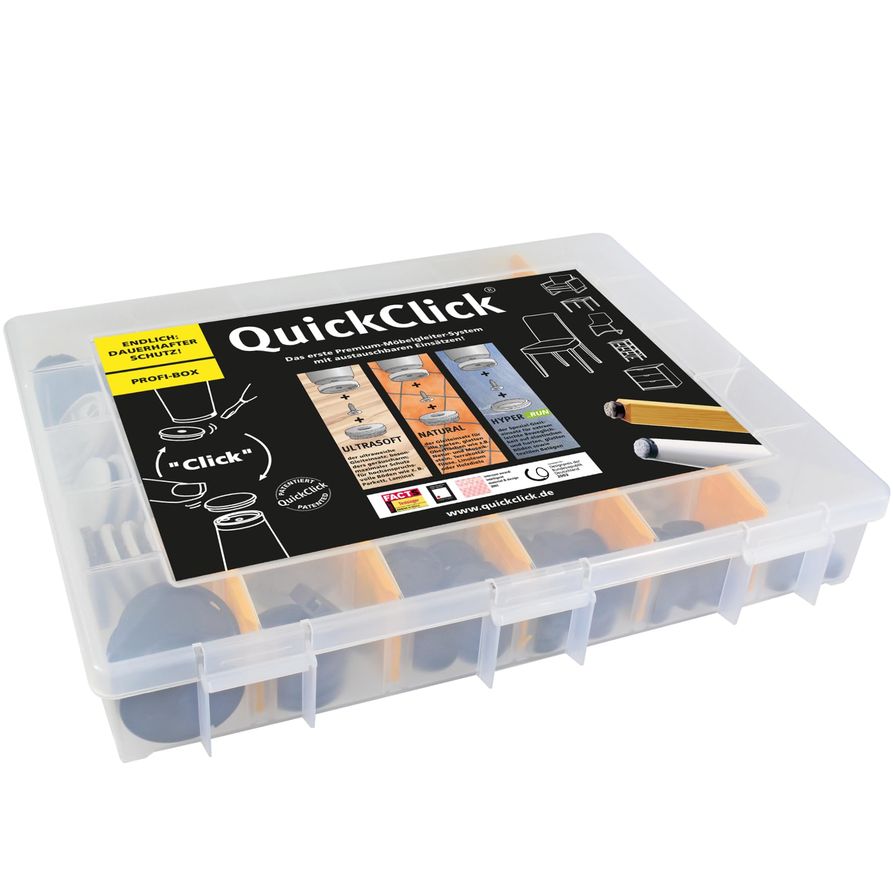 WAGNER QuickClick® Furniture glides PROFESSIONAL BOX 432-piece set I Optimum protection for your floors I Basic parts for gluing and screwing I Various glide inserts for different floors - 17010101