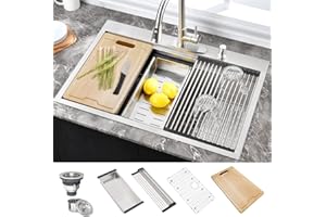 28 inch Drop In Stainless Steel Kitchen Sink-Hovheir 28x22 Top Mount Kitchen Sink Double Ledges Workstation 16 Gauge Handmade Stainless Steel Single Bowl Deep Kitchen Sink with Cutting Board