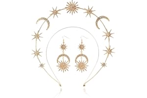 puwuto Halo Crown - Stars Crystal Goddess HeadBand with Earrings Mary Metal Halo Headpiece Celestial Crowns Tiaras for Women Bridal Wedding Costume Cosplay Party Goddess Accessories - Gold, Metal,