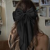 AYNKH 2 PCS Big Bow Hair Clips Satin Black White Barrette Women Girls view 7
