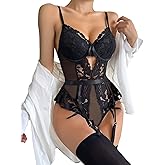 KJSUHFN Women's Lace Mesh Bodysuit Teddy Babydoll Lingerie Set with Garter Belt