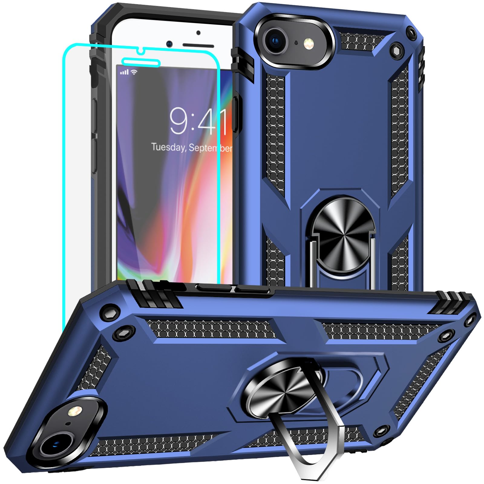 Yiakeng for iPhone 8 Case, iPhone 7 Case With Screen Protector, Silicone Shockproof Military Grade Protective Phone Cover for iPhone SE 2020 (Blue) — image 1