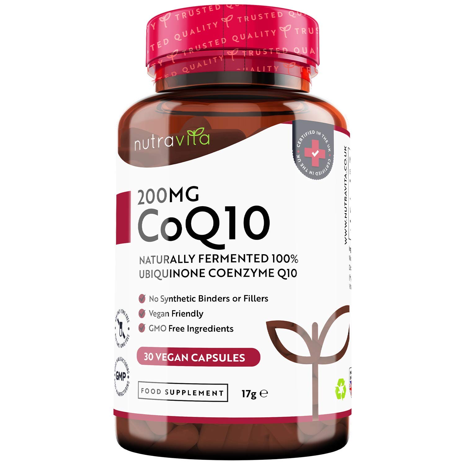Co Enzyme Q10 200mg - 30 Vegan Capsules of High Strength CoQ10 (One Month Supply) - 100% Pure and Naturally Fermented Ubiquinone - Made in The UK by Nutravita