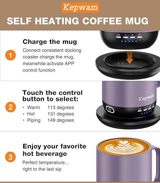 KEPWAM SELF HEATING COFFEE MUG T1-16OZ FAST HEATING & ULTRA LONG-LASTING BATTERY LIFE, HEATED COFFEE MUG UP TO 149℉ – TOUCH & APP CONTROLLED COFFEE MUG, BIRTHDAY GIFTS FOR WOMEN AND MEN