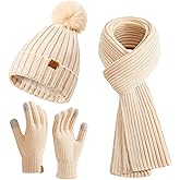 Coolprince Womens Long Scarf Gloves and Hat Set Cold Weather Hat Scarf Glove Set for Women Winter Beanie Hats with Pom Pom