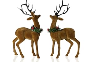 Lotus Hills 2pcs Reindeer Christmas Decorations, Flocking Christmas Reindeer Figurines with Red Berry and Pine Needle, Deer Décor Christmas Table Decorations, Christmas Table Centerpieces