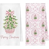 ChenCraty Pink Chinoiserie Christmas Kitchen Towels, Preppy Bow Christmas Tree Dish Tea Towel for Kitchen Decor, Grandmillennial Xmas Decorative Hand Towels for Bathroom, 16x24 Inches Set of 2