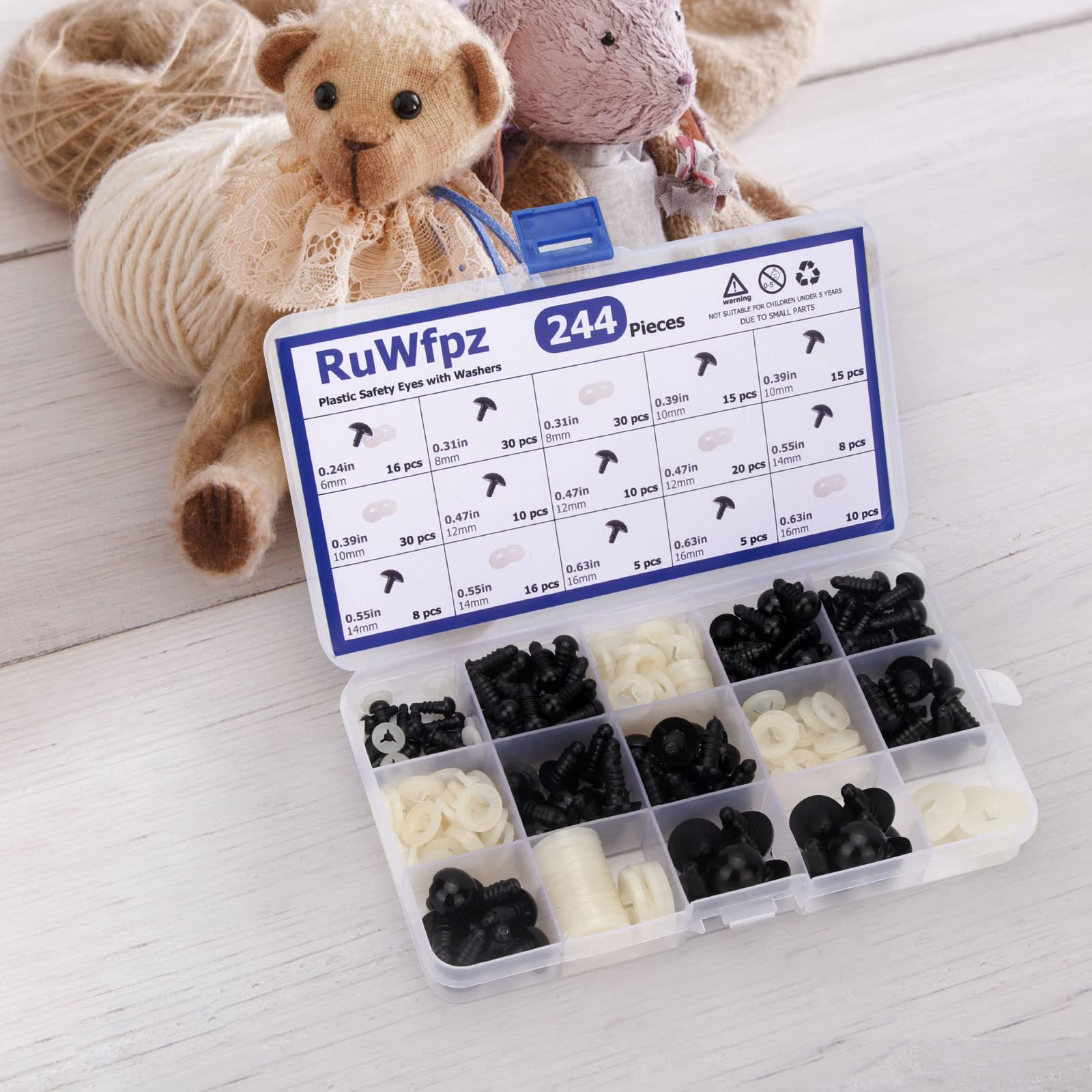 Safety Eyes for Crocheting Amigurumi 6-16mm - 6 Sizes Stuffed Animal Eyes with Washers, 244Pcs Black Plastic Amigurumi Crochet Eyes for Doll Bear Crafts Button Plushies