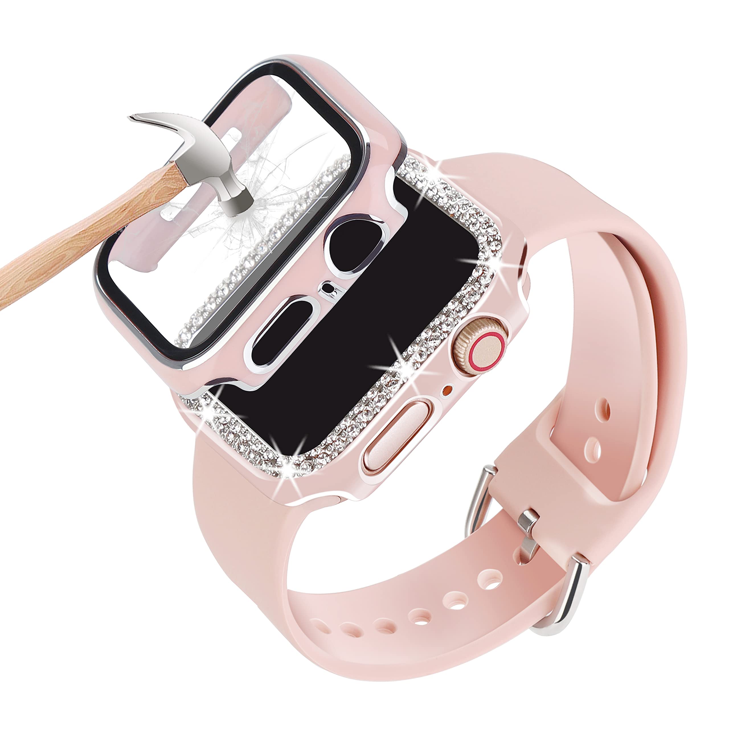 Compatible For Apple Watch Band With Case 38mm 40mm 41mm 42mm 44mm 45mm 46mm, Soft Silicone Waterproof Bands + Diamond and Screen Protector Case For iWatch Series 10 9 SE 8 7 6 5 4 3 2 1 (Pink 40mm) ﻿