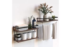 RICHER HOUSE 2+1 Tier Wall Mounted Floating Shelves Set of 2, Rustic Wood Shelf with Metal Frame, Extra Storage Rack for Bathroom, Kitchen, Bedroom with Tissue Rack & Towel Bar - Rustic Brown