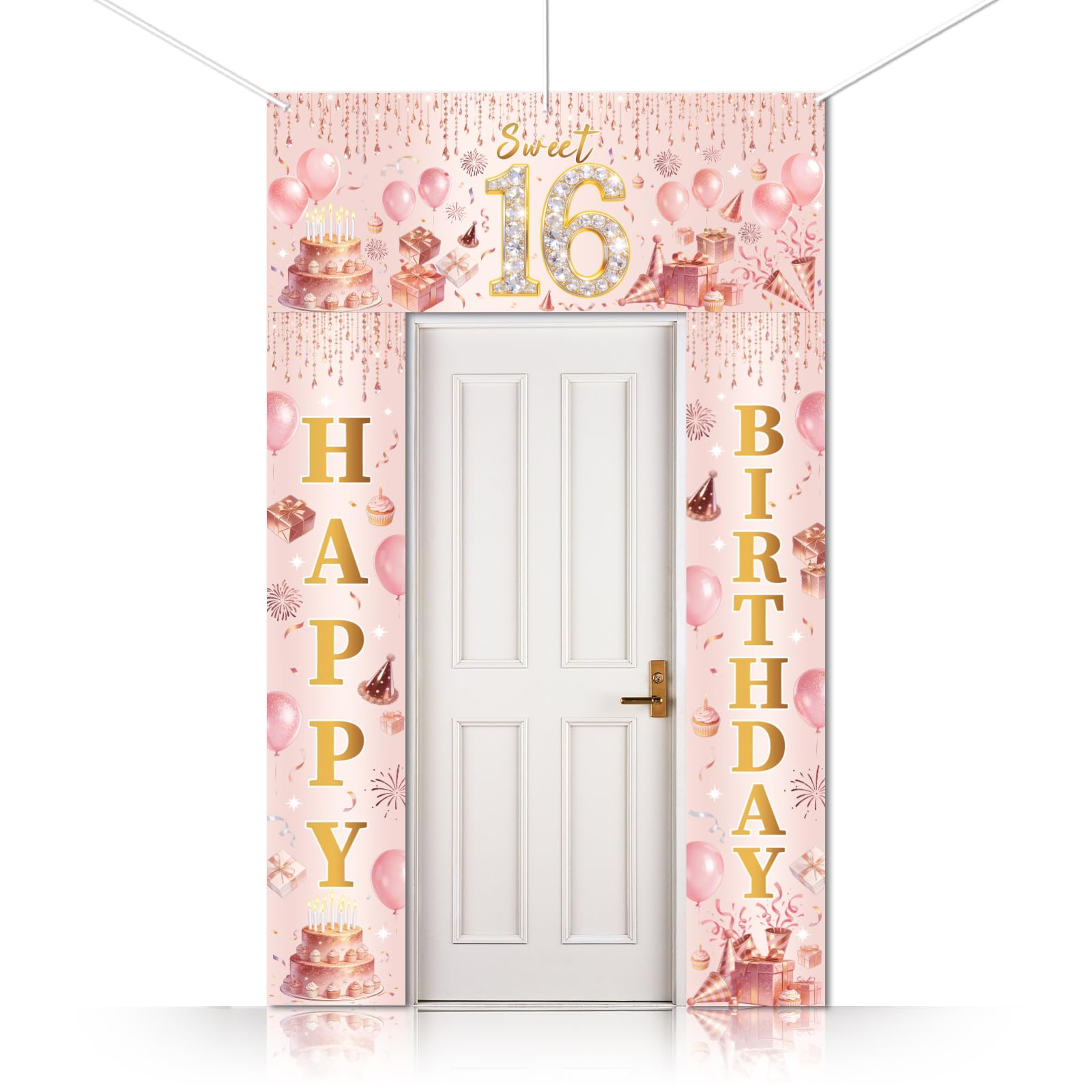 CUTHOLLOW 3PCS Happy 16th Birthday Porch Sign Banner, Cake Gift Box Pattern Party Decorations Hanging Welcome Door Banner for Photo Backdrop Birthday Party Supplies