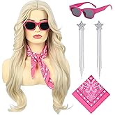 Bettecos Long Blonde Cosplay Wig for Women with Bandana Sunglasses and Earrings Middle Part Blond Wavy Synthetic Hair Wigs for Women’s Costume Halloween Party Daily Wear