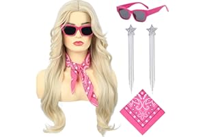 Bettecos Long Blonde Cosplay Wig for Women with Bandana Sunglasses and Earrings Middle Part Blond Wavy Synthetic Hair Wigs for Women’s Costume Halloween Party Daily Wear
