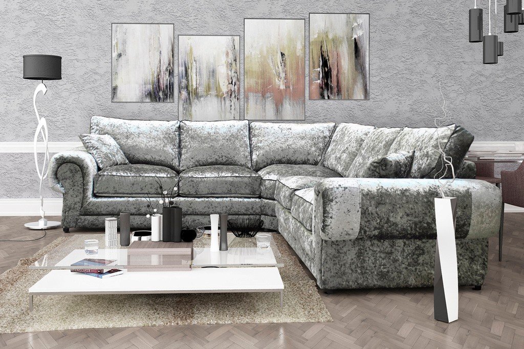 Perla Corner Sofa 2c2 Crushed Velvet Fabric Formal Back Silver