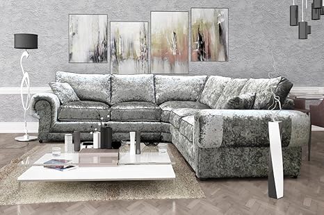 Perla Corner Sofa 2c2 Crushed Velvet Fabric Formal Back Silver