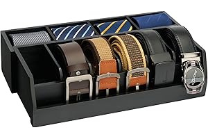 Ikkle Wooden Belt Organizer Box, 10 Compartment Belt & Tie Storage, Closet & Drawer Display Case, Large Holder (Black)