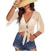 Women's Short Cardigan Bolero Shrug Sheer Tie Front Top 3/4 Sleeve Jacket for Dress
