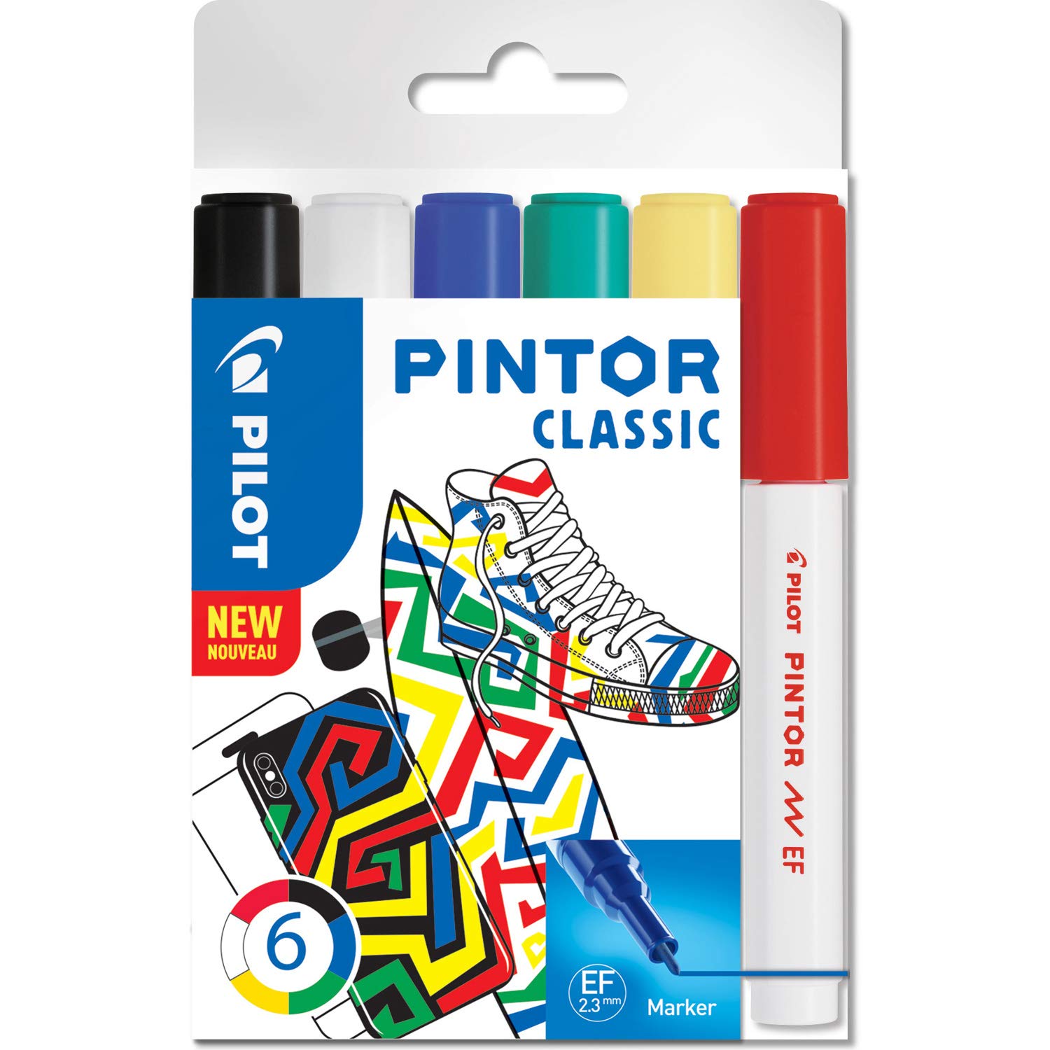 PILOTPintor, Wallet of 6 Creative Multi-Surface Water-Based Permanent Markers - Quick Dry - For Fabrics, Glass, Wood, Stone, DIY/Amateur Artists - Extra-Fine Tip - Assorted Classic Colors