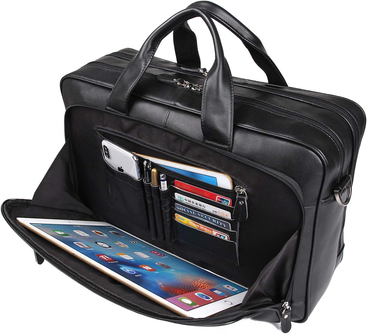 Augus Mens Leather Briefcase Messenger Bag Waterproof Travel Business Duffle Bags for Men 17 Inch Laptop Bag Black YKK Zipper