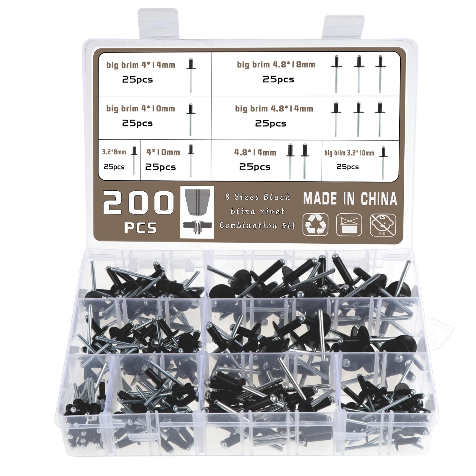 KEESIN 200 PCS Aluminum Rivet Black Blind Rivets Fasteners Assortment Kit Large Flange Rivet Open End Blind Rivets with Storage Box M3.2 M4 M4.8 for Furniture Machinery Electrical appliances