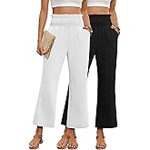 Oakgarden 2 Pack Women's Linen Pants, High Waist Cropped Wide Leg Loose Pants with Pockets Flowy Palazzo Beach Trousers(White, Black,Medium)