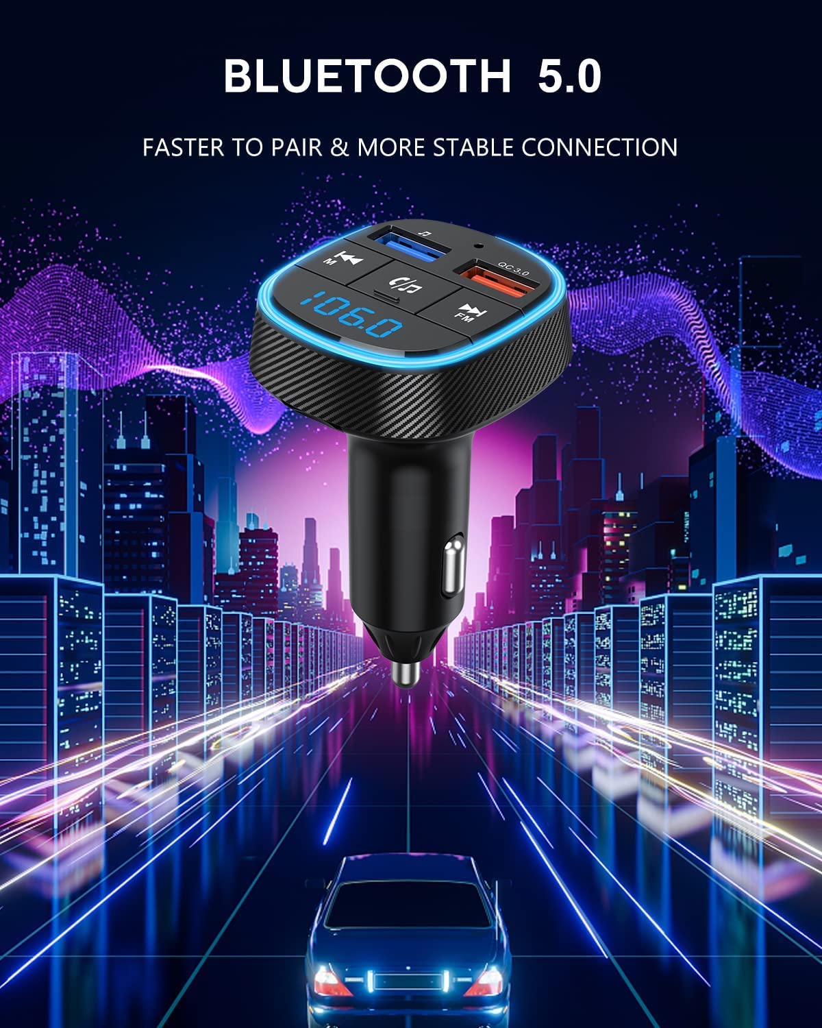 【Upgraded Version】Clydek FM Bluetooth Transmitter Car, Bluetooth Car Adapter with Dual USB Charge Port, Radio Audio MP3 Player Car Charger Support Hands-free Calling, USB Drive, SD Card (Black)
