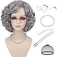 Tereshar Granny Wig and Accessories 5pcs Set for Old Lady Costume Grandma Wigs for 100 Days of School Cosplay Halloween Party Or Fun(Dark Grey)
