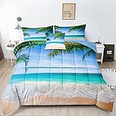 BDUCOK Ocean Comforter Full Size 6 Pieces Beach Bed in a Bag Set Tropical Palm Tree Hawaii Ocean Blue Comforter Set Sunny Beach Coastal Nature Theme All Season Comforter Set 3003-Full 6Pcs