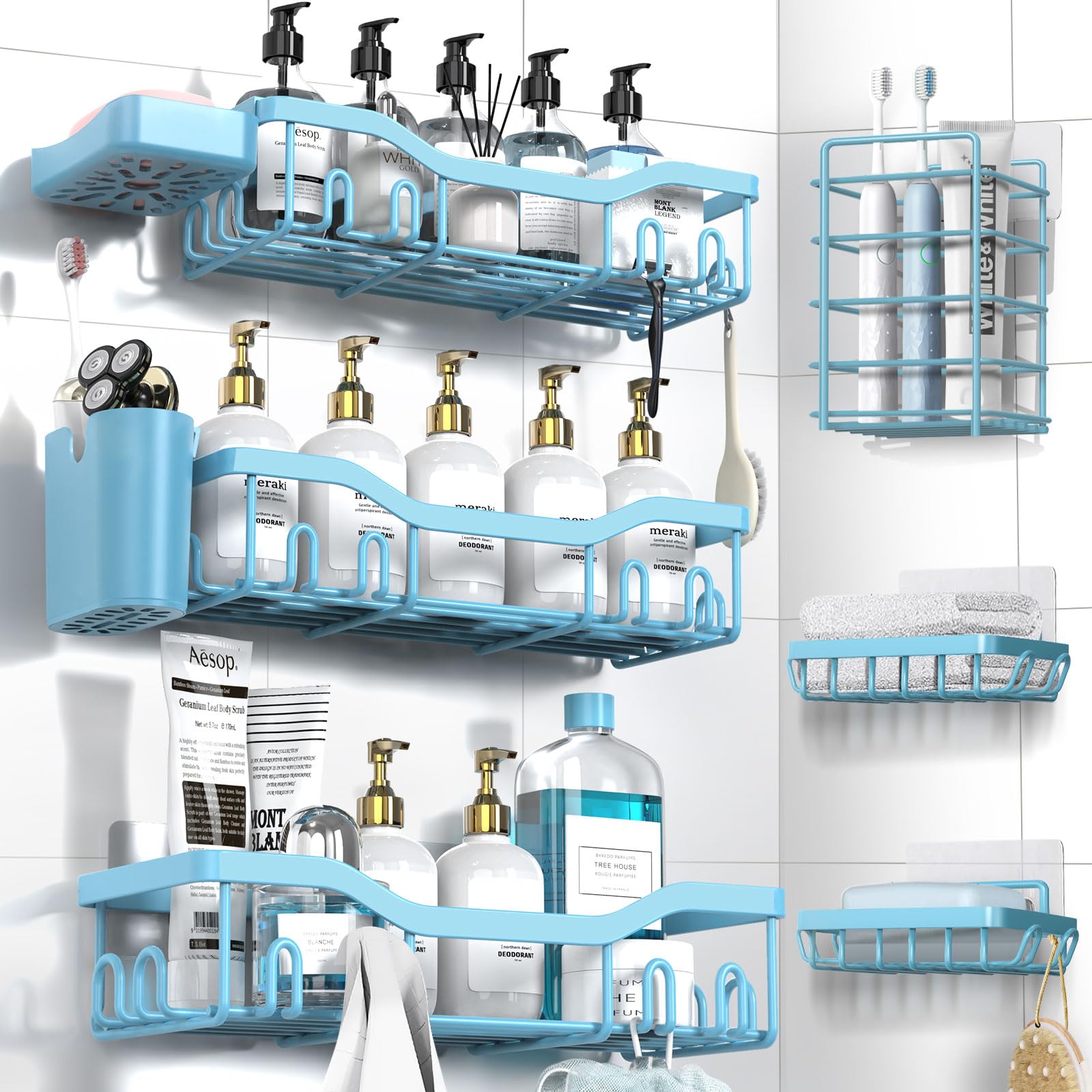 NESOMI Shower Caddy Adhesive Shower Organizer 8-Pack, Rustproof Stainless Steel Bathroom Shelves, Large Capacity No-Drill Rack Storage Accessories with Soap Dish Toothbrush Holder Hooks Image