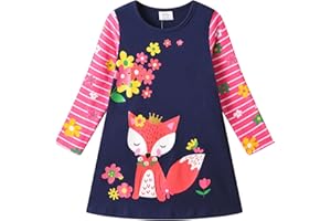 VIKITA Kids Girls Winter Long Sleeve Casual Cartoon Appliques Striped Dresses for 2-8 Years