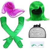 Croknit 4 Pcs Halloween Disgust Costume Cosplay Set Disgust Green Costume Wig with Scarf Gloves False Eyelashes Short Green Flip Wigs for Adults Halloween Costume Anime Cosplay
