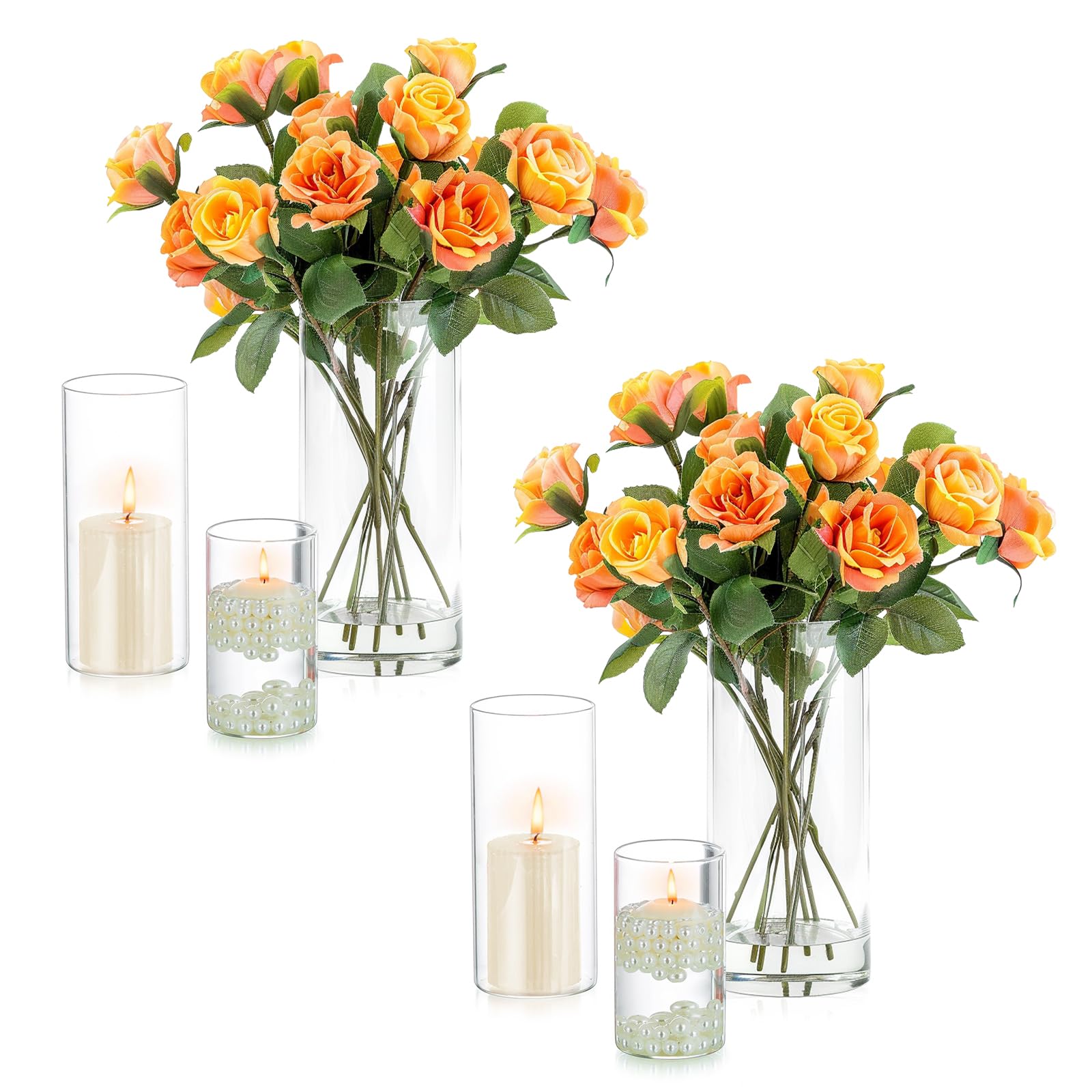 Inweder Glass Flower Vase for Flowers - Set of 6 Clear Cylinder Vases for Table decor Glass Candle Holders for Pillar Candles Floating Candles Hurricane Candle Holder Wedding Table Centrepcs, 2 Sets