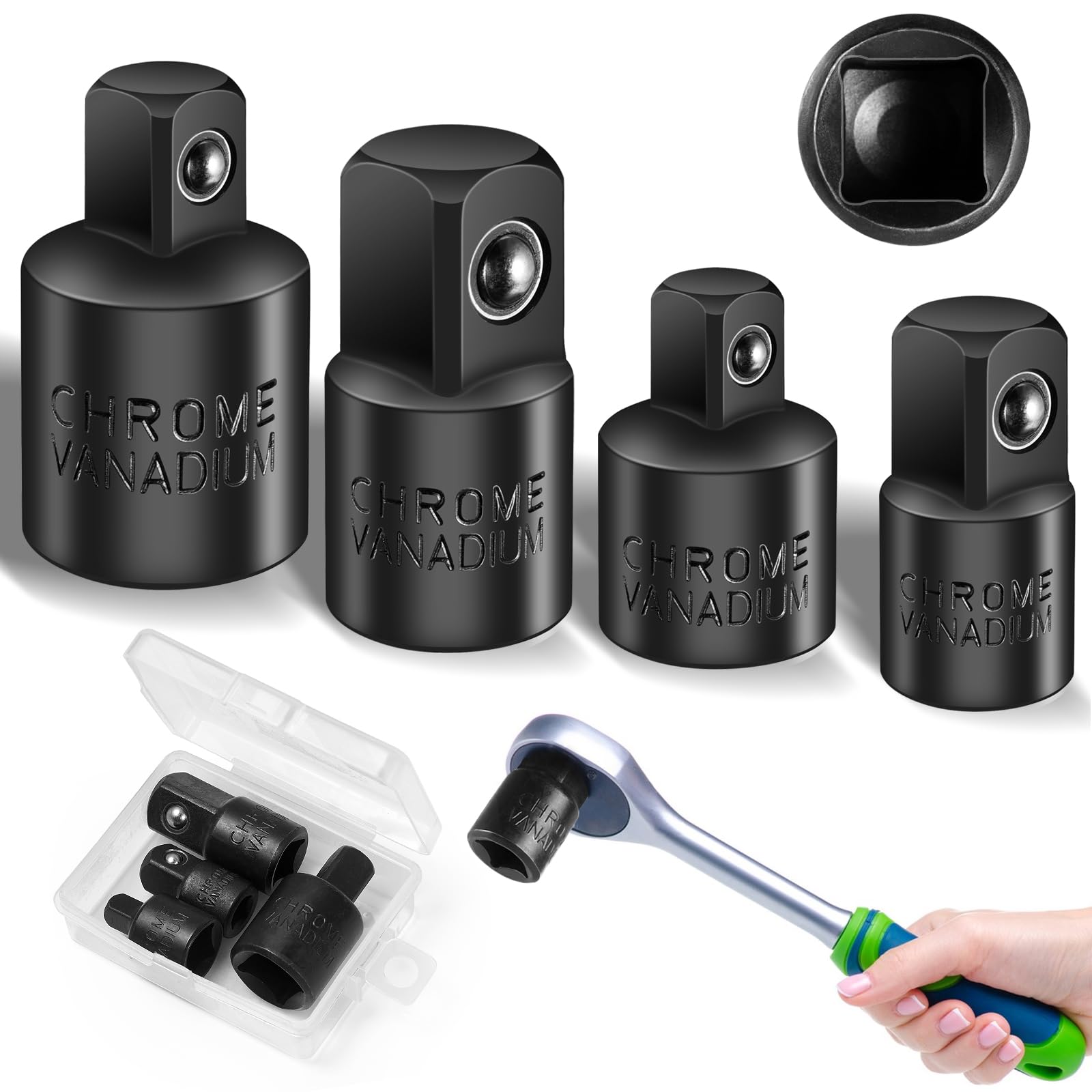 Furuising 4Pcs Impact Socket Adapter Set - 1/4" to 3/8", 1/2" to 3/8", CR-V Steel Socket Adapter, Impact Adapter Reducer Set with Box for Impact Driver Ratchet Docket