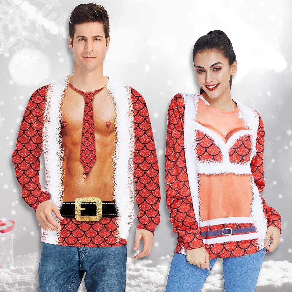 RAISEVERN 3D Fake Printed Women\'s Stylish Bikinis Pattern Xmas Crew Neck Sweater Long Sleeve Ugly Christmas Pullover for Youth Girl Ladies,Red