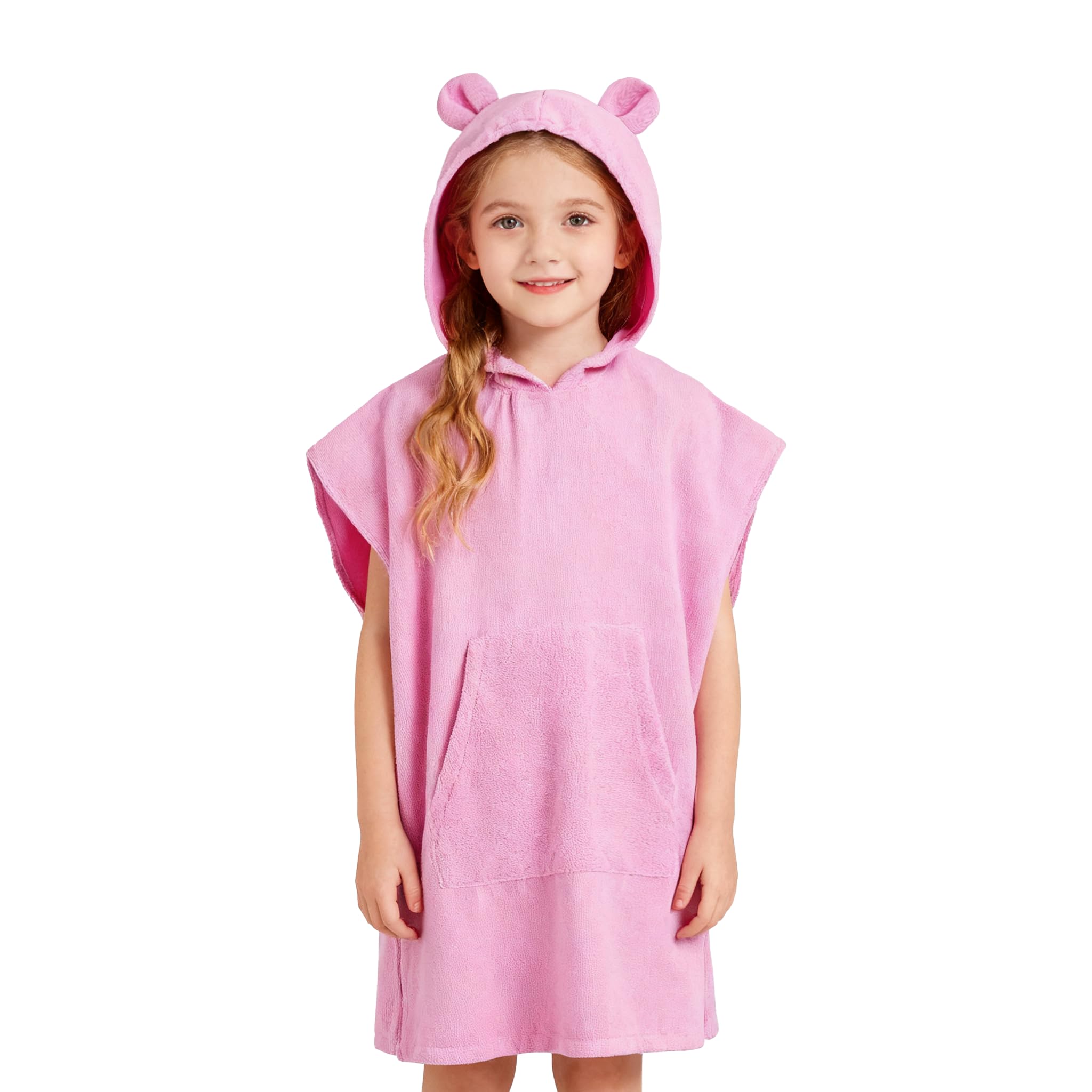 DiaryLook Kids Swimming Changing Robe with Hood, Beach Poncho Towel with Pockets Boys & Girls Quick Dry, Bath Robe Surfing Childrens Gifts 6-9 Years Bear Pink
