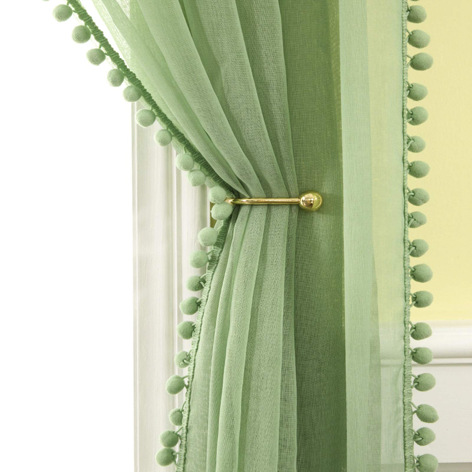 MIULEE Sheer Green Voile Curtains with Pom Poms - Bedroom/Living Room, 2 Panels Net Window Curtains, Each W55 x D88 Inch โ image 1