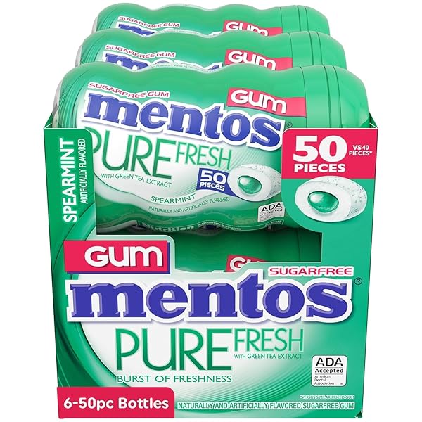 MENTOS PURE FRESH SUGAR-FREE CHEWING GUM WITH XYLITOL, SPEARMINT FLAVOR, EASTER BASKET ESSENTIALS STUFFERS FOR KIDS AND ADULTS, 50 PIECES (6-PACK)