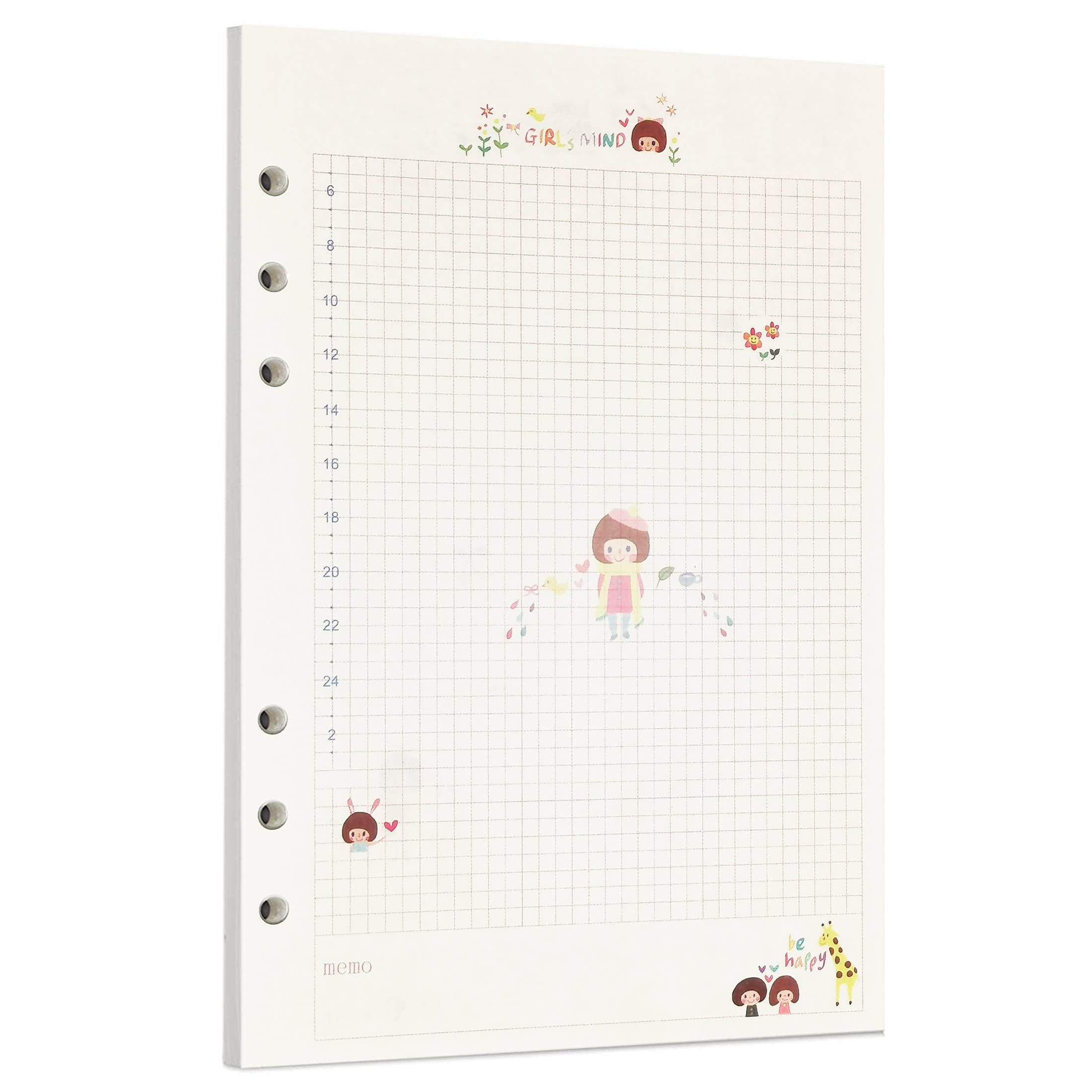 Zelten 40 Sheets 80 Pages Colorful Loose Leaf Punched Paper Refills Paper for 6 Hole Binder Personal Organizer Diary Notebook Refillable Planner (A5, Little Girl Diary)