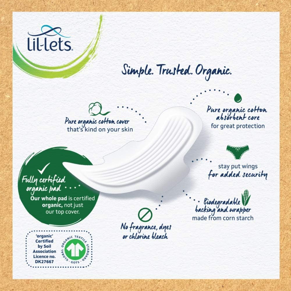 Lil-Lets Organic Cotton Normal Pads, 10 Count, Ultra Thin, with Wings, for Light to Medium Flow GOTS Certified, Plastic Free - Image 4