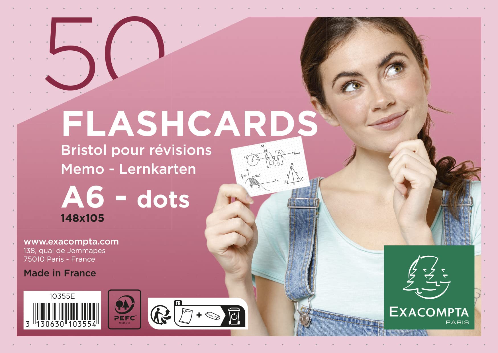 Exacompta 10355E - 50 flashcards bristol A6 pink dots