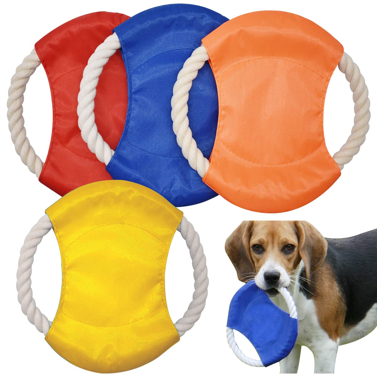 Forreen Dog Frisbee, 4 Pieces Flying Disc Toy With Natural Cotton Rope - Colorful Non-Toxic Bite Resistant Pet Saucer for Training, Playing Outdoor Indoor (Random Color)