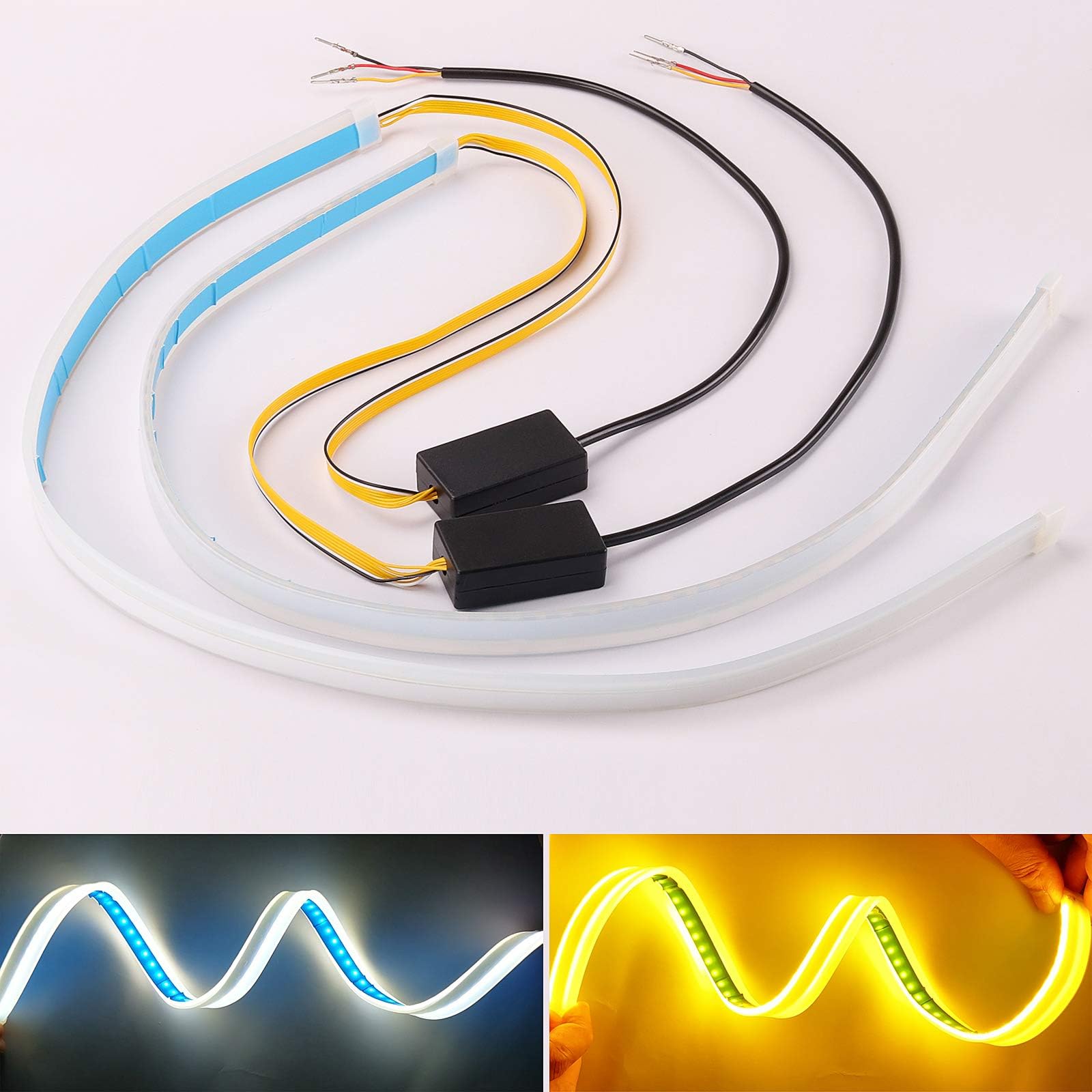 2PCS 24 Inch Flexible Dual Color LED Headlight Surface Strip Tube Light Daytime Running Light Decorative Lamp FLowing Turn Signal Light for 12V Cars-White&Amber